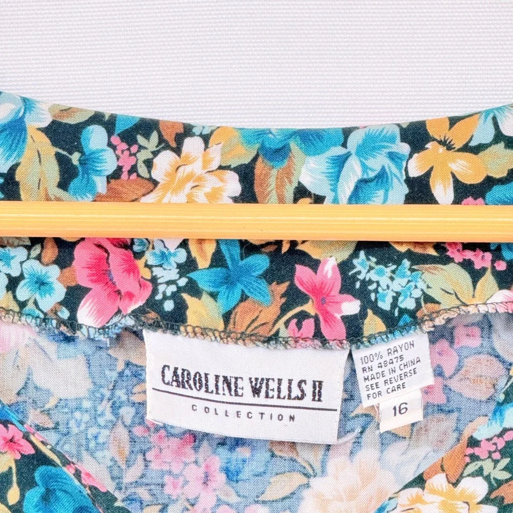 Caroline Wells II Floral Button Front Dress Womens 16 Teal Pink Cottagecore Vtg